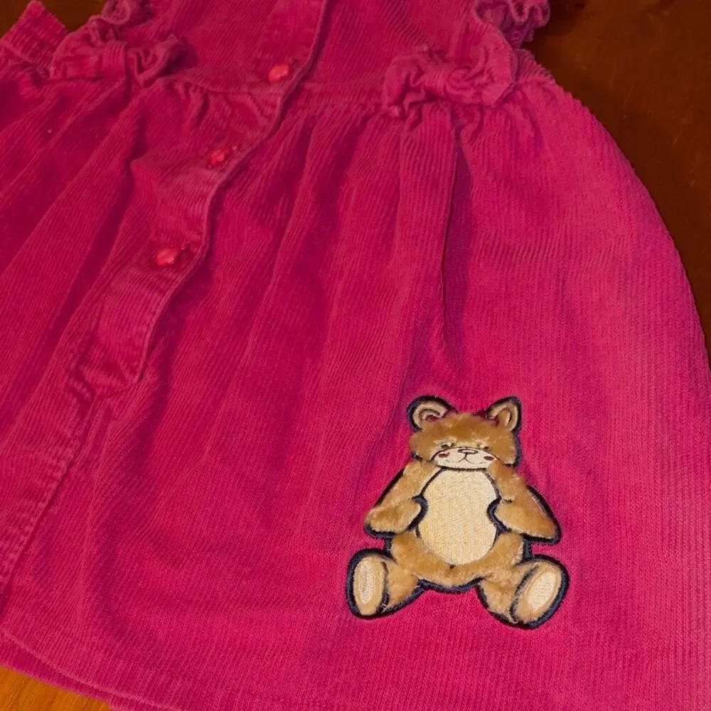 Little North West Blue Pink Corduroy Baby Dress with Bear Patch